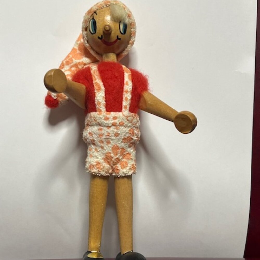 VTG Handcrafted Traditional Wooden Jointed Peg Pinocchio Toy Doll 7.5” Tall